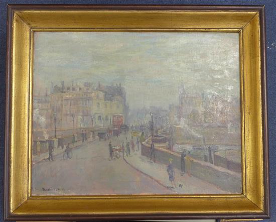 Trevor Owen Makinson (1926-) Street scene with figures on a bridge, 14 x 18in.